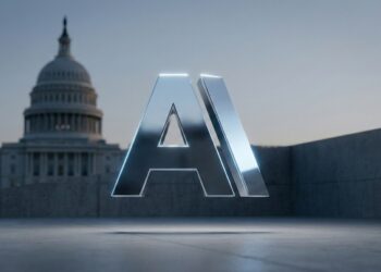 Logotipo de Anthropic en 3D con el Capitolio de EE.UU. desenfocado.