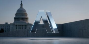 Logotipo de Anthropic en 3D con el Capitolio de EE.UU. desenfocado.
