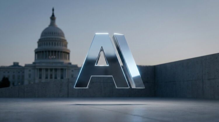 Logotipo de Anthropic en 3D con el Capitolio de EE.UU. desenfocado.