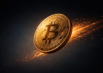 Primer plano de una moneda física de Bitcoin con luz intensa detrás.