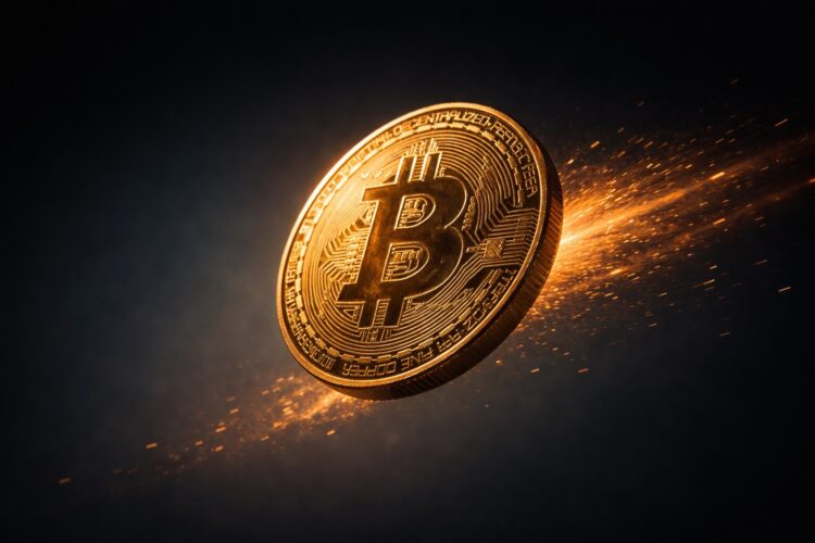 Primer plano de una moneda física de Bitcoin con luz intensa detrás.