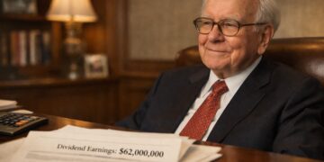 Warren Buffett en oficina tras cobrar millonarios dividendos.