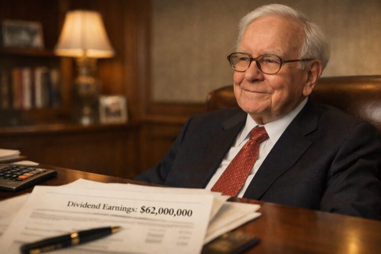 Warren Buffett en oficina tras cobrar millonarios dividendos.