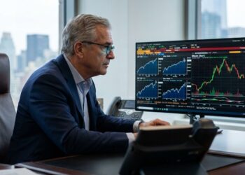 Fotografía de un ejecutivo financiero sénior con gafas y traje azul, sentado en un escritorio en una oficina moderna con vistas a la ciudad. Mira concentrado varios monitores que muestran gráficos de trading complejos en tiempo real, incluyendo un gráfico de vela prominente etiquetado como "Bitcoin Chart" y datos de mercados bursátiles tradicionales.