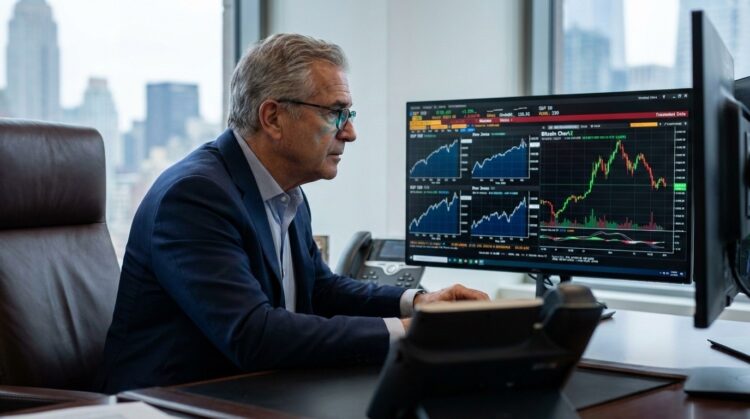 Fotografía de un ejecutivo financiero sénior con gafas y traje azul, sentado en un escritorio en una oficina moderna con vistas a la ciudad. Mira concentrado varios monitores que muestran gráficos de trading complejos en tiempo real, incluyendo un gráfico de vela prominente etiquetado como "Bitcoin Chart" y datos de mercados bursátiles tradicionales.