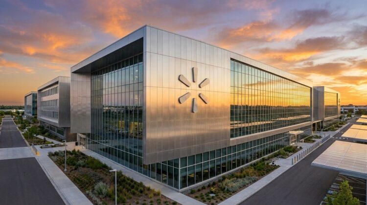 Fotografía arquitectónica panorámica del moderno edificio de la sede corporativa de Walmart. La fachada, compuesta por paneles de metal cepillado y grandes muros cortina de vidrio, refleja los tonos naranjas y dorados de la puesta de sol. El gran logotipo de la "chispa" (spark) de Walmart en relieve metálico es prominente en la esquina principal del edificio. El entorno incluye pasarelas pavimentadas, jardines cuidados y estructuras de paneles solares en el estacionamiento al fondo.