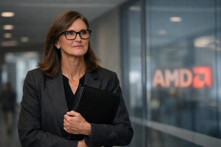 Cathie Wood en entorno corporativo tras caída de AMD en mercado.