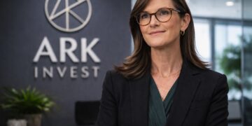 Cathie Wood en entorno institucional de ARK tras decisión contracorriente.