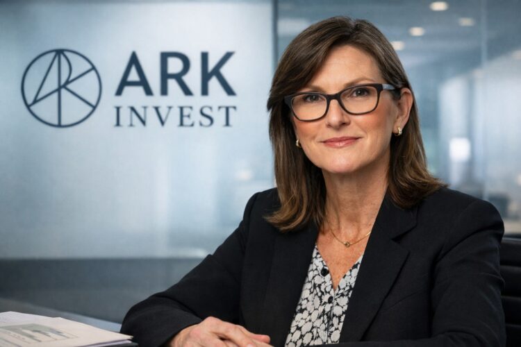 Cathie Wood en oficina corporativa con logo de ARK Invest al fondo.