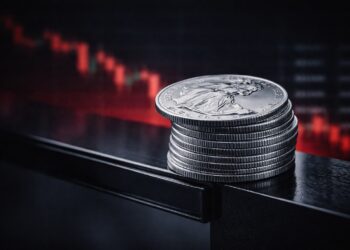 Fotografía macro de monedas de inversión de plata American Silver Eagle balanceadas precariamente en el borde de una superficie de cristal negro reflectante, con la moneda superior a punto de caer al vacío. Un gráfico financiero de velas japonesas en rojo intenso, indicando una fuerte tendencia bajista, se refleja en el fondo desenfocado.