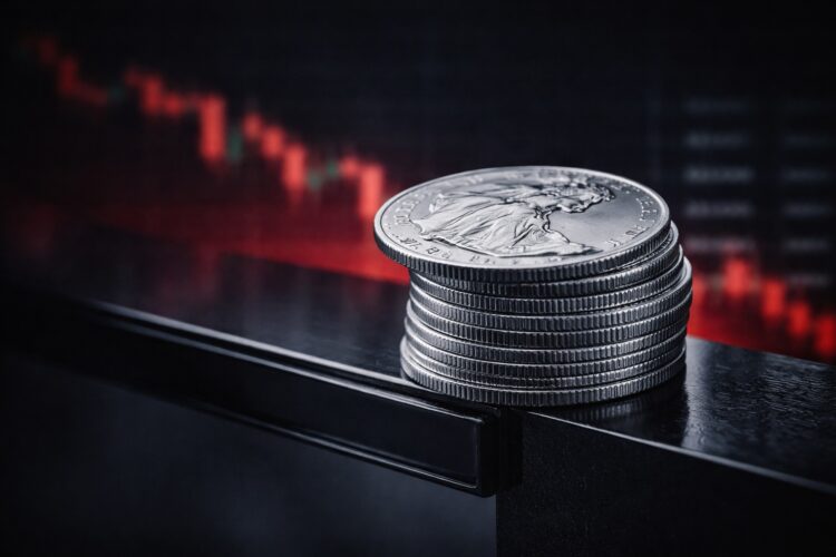 Fotografía macro de monedas de inversión de plata American Silver Eagle balanceadas precariamente en el borde de una superficie de cristal negro reflectante, con la moneda superior a punto de caer al vacío. Un gráfico financiero de velas japonesas en rojo intenso, indicando una fuerte tendencia bajista, se refleja en el fondo desenfocado.