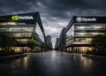 Dos edificios corporativos monumentales, la sede de NVIDIA a la izquierda y un edificio identificado de OpenAI a la derecha, separados por un espacio urbano vacío bajo un cielo oscuro, simbolizando tensión estratégica y un acuerdo detenido.