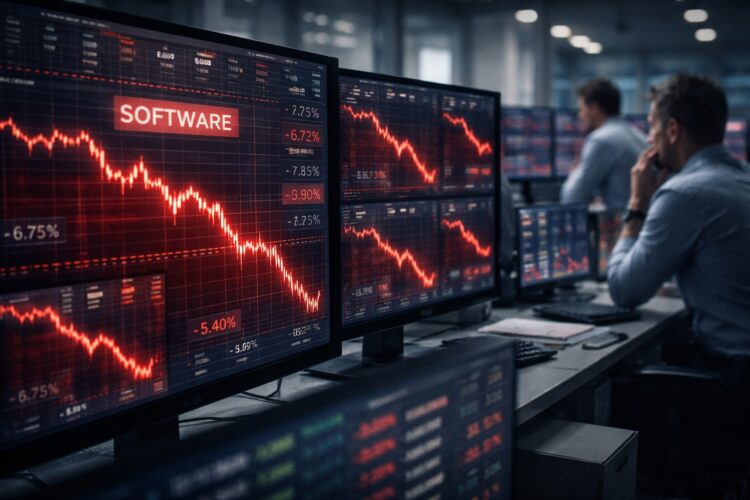 Primer plano de una pantalla de terminal financiera profesional Bloomberg que muestra un gráfico de velas rojas en fuerte caída para el ETF 'iShares Expanded Tech-Software Sector' (IGV). Números rojos grandes e intermitentes indican pérdidas significativas, con un texto prominente que lee 'LOSS: -15.32%', reflejando una venta masiva en el mercado.