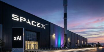 Fotografía de larga exposición al atardecer de la fachada de la sede corporativa de SpaceX en Hawthorne, California. El edificio industrial presenta el logotipo de 'SpaceX' iluminado en blanco, mientras que un tótem digital adyacente muestra prominentemente el logotipo de la empresa de inteligencia artificial 'xAI'. Un cohete propulsor Falcon 9 está expuesto verticalmente frente a las instalaciones, con estelas de luz de tráfico de vehículos en primer plano.