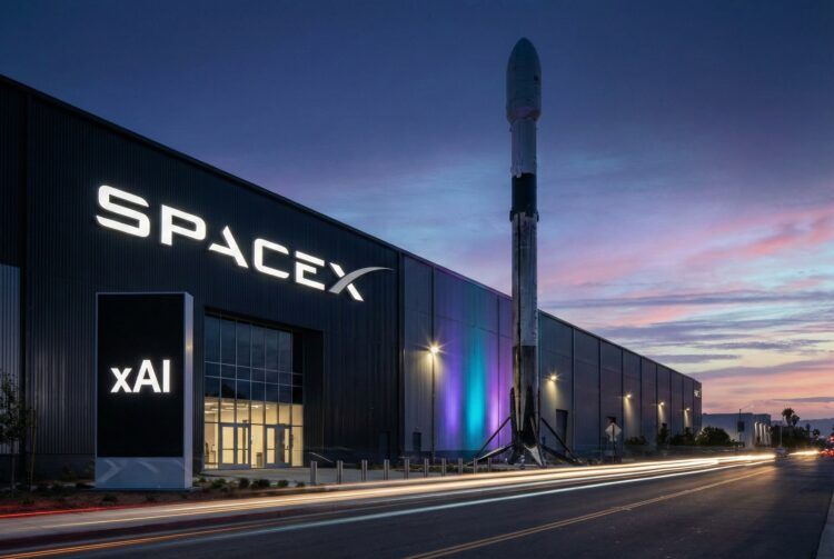 Fotografía de larga exposición al atardecer de la fachada de la sede corporativa de SpaceX en Hawthorne, California. El edificio industrial presenta el logotipo de 'SpaceX' iluminado en blanco, mientras que un tótem digital adyacente muestra prominentemente el logotipo de la empresa de inteligencia artificial 'xAI'. Un cohete propulsor Falcon 9 está expuesto verticalmente frente a las instalaciones, con estelas de luz de tráfico de vehículos en primer plano.