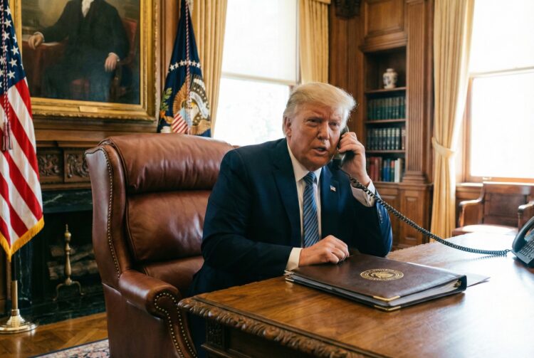 Una fotografía editorial cándida muestra a Donald Trump sentado en un sillón de cuero marrón en una oficina clásica con paneles de madera. Está hablando por un teléfono de cable con una expresión seria. Sobre el escritorio de madera hay una carpeta de cuero con el sello presidencial. Banderas estadounidenses y un retrato son visibles al fondo.