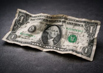 Billete de dólar estadounidense arrugado sobre fondo neutro editorial.