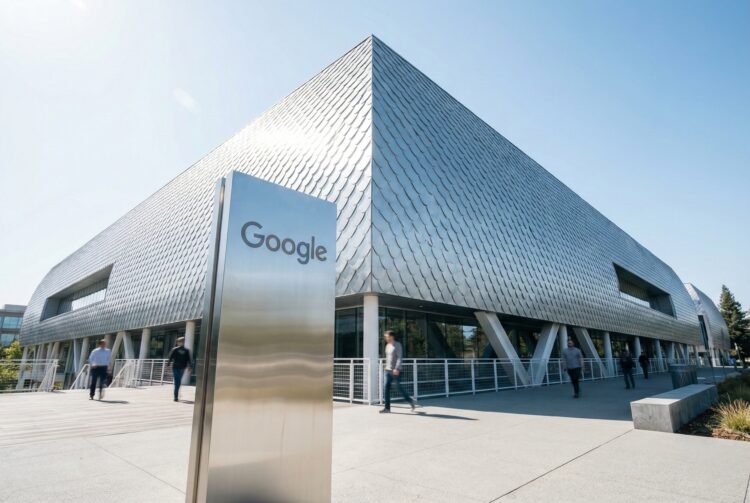 Una fotografía de ángulo amplio captura el distintivo techo de "piel solar" con escamas de dragón del edificio del campus Bay View de Google en Mountain View, California. Un gran letrero de metal cepillado con el logotipo de Google se encuentra en primer plano. Varias personas caminan por los senderos exteriores de la moderna estructura de vidrio y metal bajo un cielo despejado y soleado.