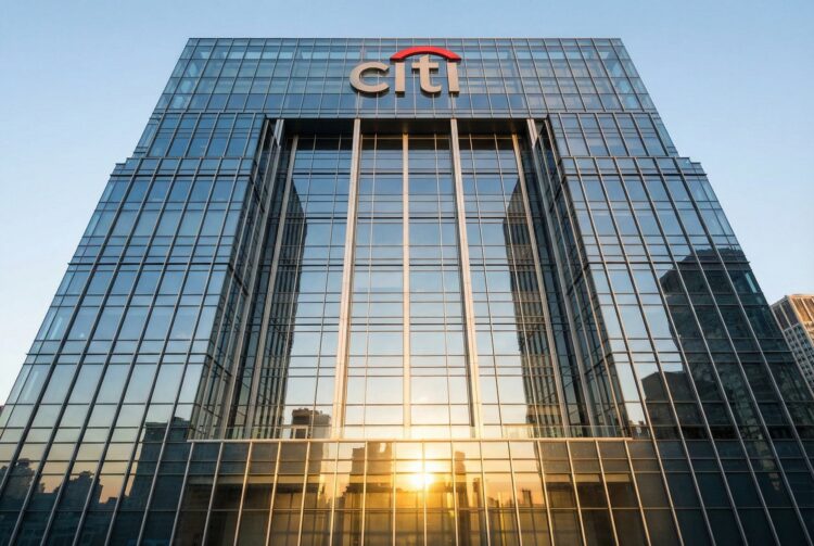 Fotografía de arquitectura en contrapicado de la fachada de cristal y acero de la sede mundial de Citigroup, ubicada en 388 Greenwich Street, Nueva York. La luz dorada del amanecer se refleja intensamente en los paneles inferiores del rascacielos, mientras que el logotipo rojo y azul de "citi" es claramente visible en la parte superior de la estructura bajo un cielo azul claro.