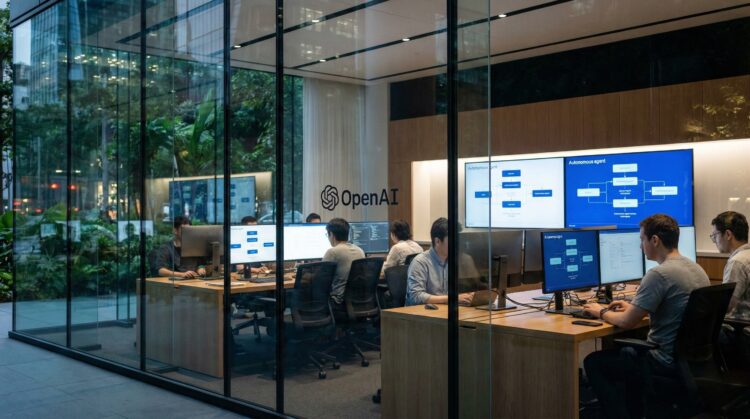 Vista exterior nocturna de una oficina moderna con paredes de cristal de OpenAI. Varios investigadores trabajan en escritorios de madera con múltiples monitores que muestran diagramas de flujo técnicos sobre "Autonomous agent". El logotipo de OpenAI es visible en la pared del fondo. Se aprecian reflejos de vegetación urbana en la fachada de vidrio.