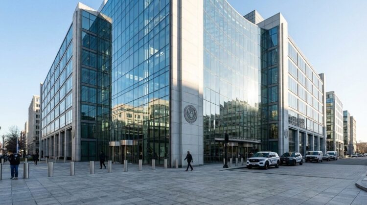 Fotografía panorámica exterior del edificio sede de la Comisión de Bolsa y Valores de EE. UU. (SEC) en Washington D.C. La moderna fachada de vidrio y piedra refleja la luz nítida de la mañana. El sello oficial de la SEC es visible en la pared de granito cerca de la entrada, con un vehículo policial estacionado y pocos peatones en la plaza adyacente.