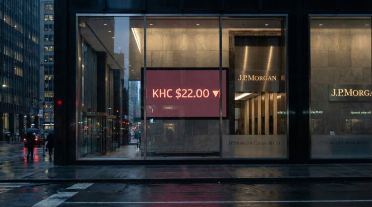 Fotografía exterior al anochecer de la entrada acristalada de la sede de J.P. Morgan en una ciudad durante un día lluvioso. A través de los ventanales de piso a techo, se ve un vestíbulo iluminado con letreros metálicos que leen "J.P. MORGAN" y "JPMORGAN CHASE & CO.". Una gran pantalla digital central emite una luz roja y muestra el texto "KHC $22.00 ▼", indicando una bajada en el precio de la acción. La calle y la acera están mojadas, reflejando las luces de la ciudad y los faros de los coches, mientras peatones con paraguas transitan por la escena.