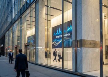 Fotografía exterior de la entrada acristalada de la sede de J.P. Morgan en una ciudad al atardecer. A través de los ventanales de piso a techo, se ve un vestíbulo iluminado donde destaca una gran pantalla digital que muestra gráficos financieros azules y el texto "Retail Flow Analysis". Una placa de metal en una columna de mármol adyacente dice "J.P. Morgan". Varias personas con vestimenta de negocios caminan por la acera y entran al edificio, reflejándose en el vidrio.