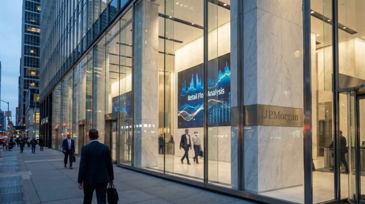 Fotografía exterior de la entrada acristalada de la sede de J.P. Morgan en una ciudad al atardecer. A través de los ventanales de piso a techo, se ve un vestíbulo iluminado donde destaca una gran pantalla digital que muestra gráficos financieros azules y el texto "Retail Flow Analysis". Una placa de metal en una columna de mármol adyacente dice "J.P. Morgan". Varias personas con vestimenta de negocios caminan por la acera y entran al edificio, reflejándose en el vidrio.