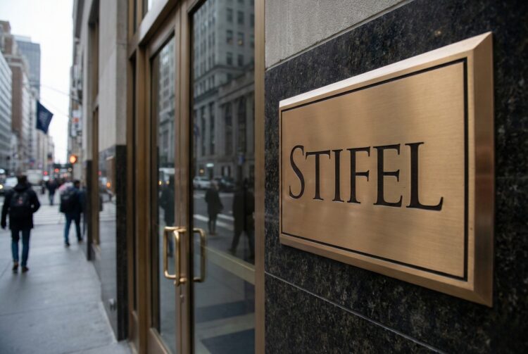 Una placa de bronce pulido con el logotipo de "STIFEL" grabado está montada en una pared de mármol oscuro en la entrada de un edificio de oficinas. Al fondo, se ve una acera urbana con peatones y edificios de la ciudad bajo un día nublado.