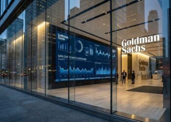 Vista exterior nocturna de la moderna entrada de cristal de la sede de Goldman Sachs. El vestíbulo interior, brillantemente iluminado, presenta grandes letreros iluminados de "Goldman Sachs" y una enorme pantalla digital en la pared que muestra visualizaciones de datos y gráficos azules con el título "DATA CENTER CAPACITY & DEMAND". Varias personas con trajes de negocios están de pie en el interior sobre suelos de piedra pulida, mientras las luces de la ciudad y los edificios circundantes se reflejan en la fachada de vidrio.