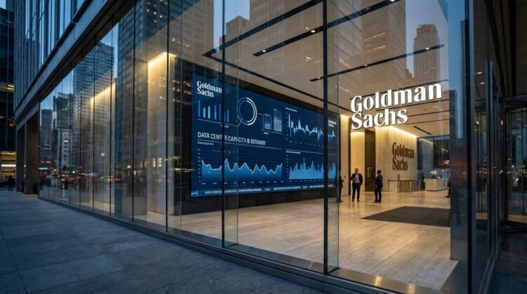 Vista exterior nocturna de la moderna entrada de cristal de la sede de Goldman Sachs. El vestíbulo interior, brillantemente iluminado, presenta grandes letreros iluminados de "Goldman Sachs" y una enorme pantalla digital en la pared que muestra visualizaciones de datos y gráficos azules con el título "DATA CENTER CAPACITY & DEMAND". Varias personas con trajes de negocios están de pie en el interior sobre suelos de piedra pulida, mientras las luces de la ciudad y los edificios circundantes se reflejan en la fachada de vidrio.