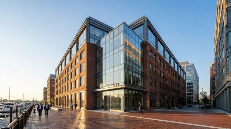 Fotografía arquitectónica panorámica de la sede de Circle Internet Financial en el distrito de Seaport, Boston. El edificio combina fachadas de ladrillo histórico con una adición moderna de vidrio y acero. El logo de Circle está montado en la entrada de vidrio. La luz dorada de la mañana ilumina la escena mientras personas caminan por el paseo marítimo de ladrillo junto a un puerto deportivo.