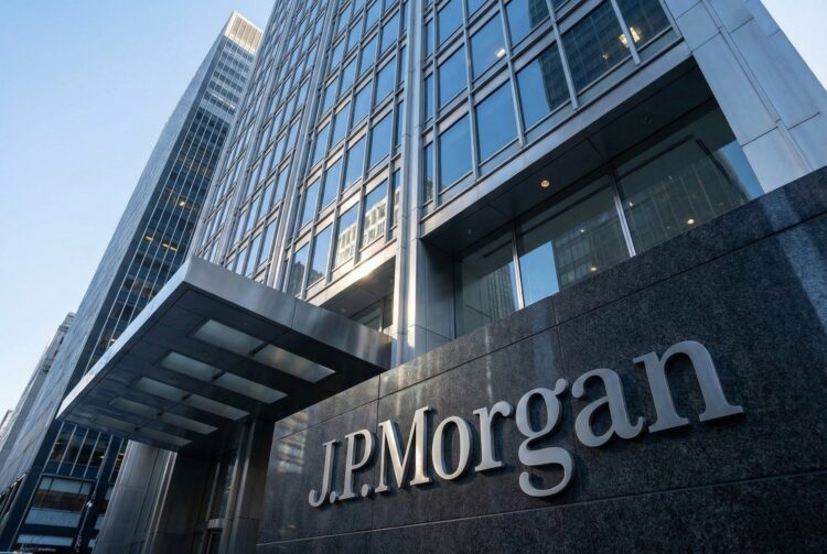 Fotografía de arquitectura en contrapicado que muestra la imponente fachada de vidrio y acero de la sede mundial de JPMorgan Chase en Nueva York. El logotipo de "J.P. Morgan" en letras metálicas plateadas destaca sobre una base de granito oscuro en la entrada principal, bajo la luz de una mañana despejada.