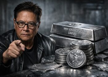 Robert Kiyosaki señala lingotes de plata ante posible alza fuerte.