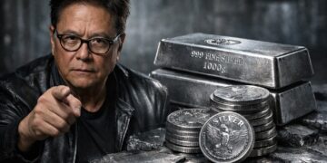 Robert Kiyosaki señala lingotes de plata ante posible alza fuerte.