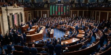 Una vista general de ángulo amplio del hemiciclo de la Cámara de Representantes de los Estados Unidos durante una sesión. El salón está concurrido, con miembros del Congreso sentados y de pie. Un gran tablero de votación electrónica en la pared del fondo muestra una lista de nombres con luces verdes y rojas que indican los votos emitidos, bajo el título "ELECTRONIC VOTING". La bandera estadounidense está visible cerca del estrado del orador.