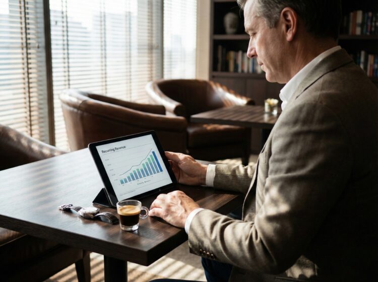 Fotografía de estilo de vida en un salón de negocios de lujo, donde un hombre de mediana edad con saco está sentado frente a una mesa de madera. Observa una tableta que muestra un gráfico de barras ascendente titulado "Recurring Revenue" (Ingresos Recurrentes). La luz natural se filtra a través de persianas venecianas, creando patrones de sombra. Un café espresso pequeño y un reloj de pulsera descansan sobre la mesa en primer plano. El fondo incluye sillones de cuero y estanterías borrosas.
