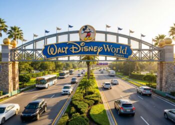 Fotografía de alto ángulo de la entrada principal del Walt Disney World Resort bajo luz matutina. El icónico arco con el letrero de 'Walt Disney World' y Mickey Mouse cruza una autopista con denso tráfico de automóviles y autobuses ingresando al complejo, lo que indica una alta demanda y afluencia de visitantes en el segmento de parques.