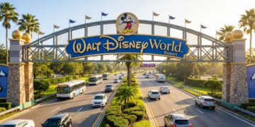 Fotografía de alto ángulo de la entrada principal del Walt Disney World Resort bajo luz matutina. El icónico arco con el letrero de 'Walt Disney World' y Mickey Mouse cruza una autopista con denso tráfico de automóviles y autobuses ingresando al complejo, lo que indica una alta demanda y afluencia de visitantes en el segmento de parques.