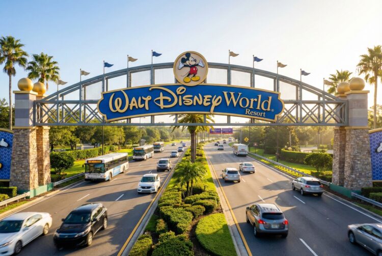Fotografía de alto ángulo de la entrada principal del Walt Disney World Resort bajo luz matutina. El icónico arco con el letrero de 'Walt Disney World' y Mickey Mouse cruza una autopista con denso tráfico de automóviles y autobuses ingresando al complejo, lo que indica una alta demanda y afluencia de visitantes en el segmento de parques.