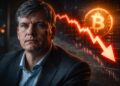 Michael Burry en primer plano advirtiendo sobre desplome de Bitcoin.