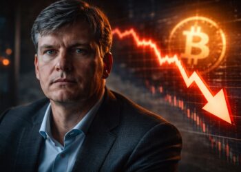 Michael Burry en primer plano advirtiendo sobre desplome de Bitcoin.