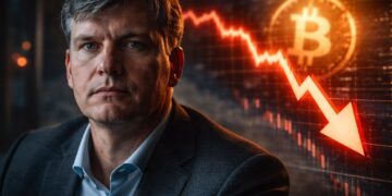 Michael Burry en primer plano advirtiendo sobre desplome de Bitcoin.