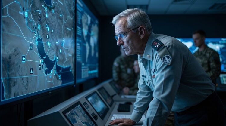 Un hombre de pelo gris con uniforme militar y gafas se inclina sobre una consola en un centro de mando con poca luz, mirando intensamente una gran pantalla que muestra un mapa estratégico del Golfo Pérsico, Irak y las regiones circundantes con varios iconos y datos. Otros miembros del personal militar están en el fondo. La iluminación proviene principalmente de las pantallas azules.