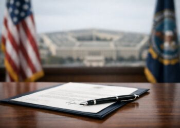 Documento oficial ante el Pentágono con bandera de EE.UU.