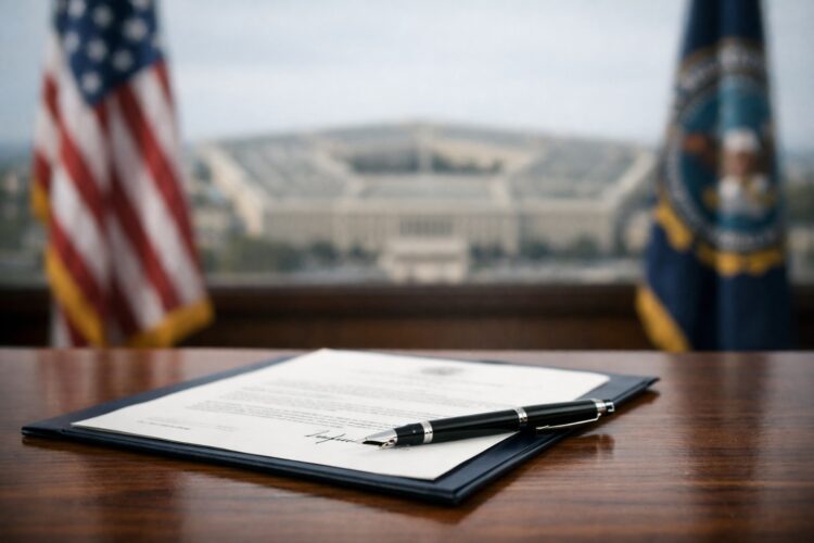 Documento oficial ante el Pentágono con bandera de EE.UU.
