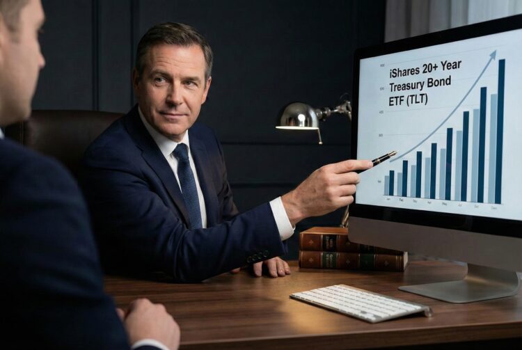 Un asesor financiero profesional con traje señala con un bolígrafo un gráfico de barras ascendente en la pantalla de un ordenador, donde se lee claramente el texto "iShares 20+ Year Treasury Bond ETF (TLT)", durante una reunión en un despacho.