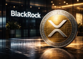 XRP físico con fondo BlackRock y tensión alcista institucional oscuro.