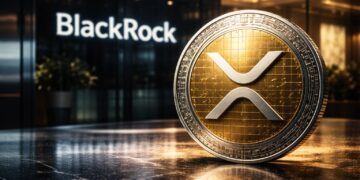 XRP físico con fondo BlackRock y tensión alcista institucional oscuro.