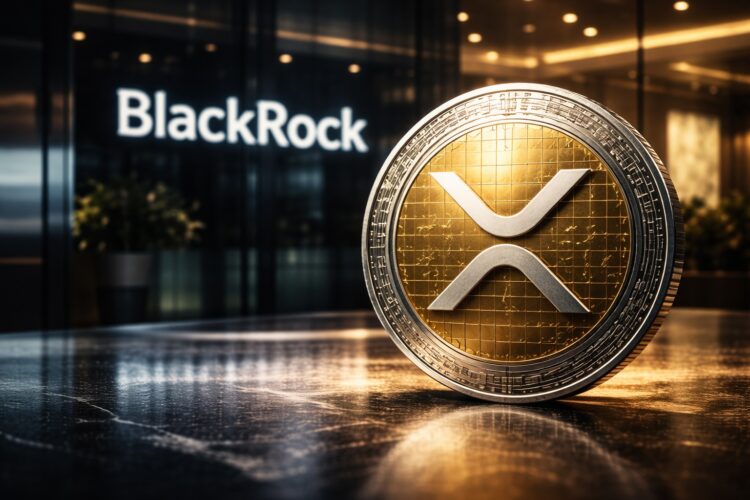 XRP físico con fondo BlackRock y tensión alcista institucional oscuro.